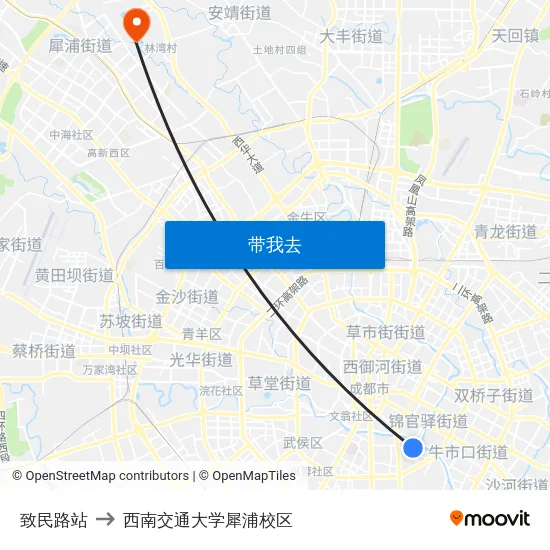 致民路站 to 西南交通大学犀浦校区 map