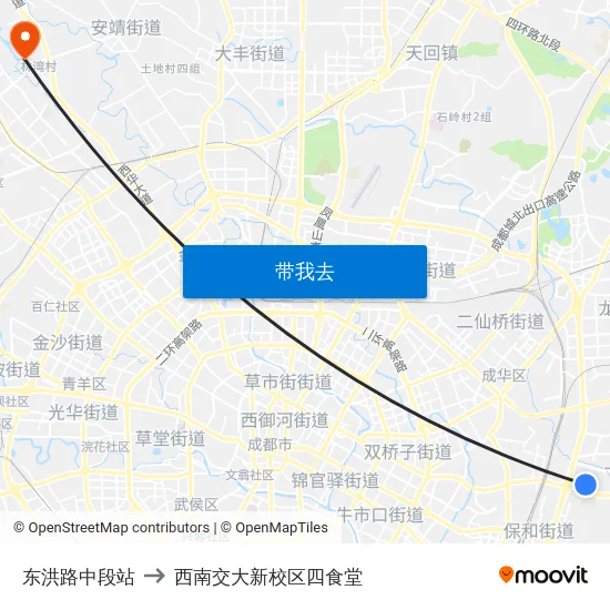 东洪路中段站 to 西南交大新校区四食堂 map