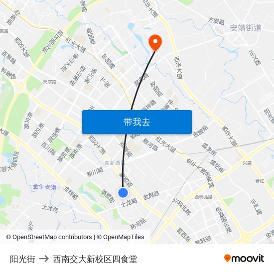 阳光街 to 西南交大新校区四食堂 map