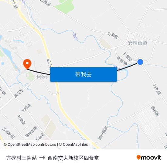 方碑村三队站 to 西南交大新校区四食堂 map