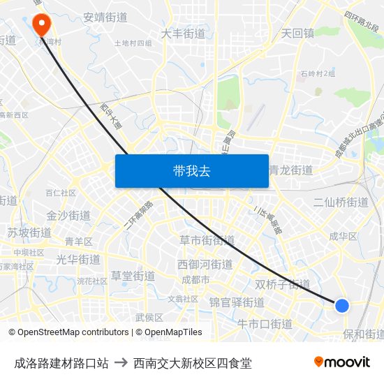 成洛路建材路口站 to 西南交大新校区四食堂 map