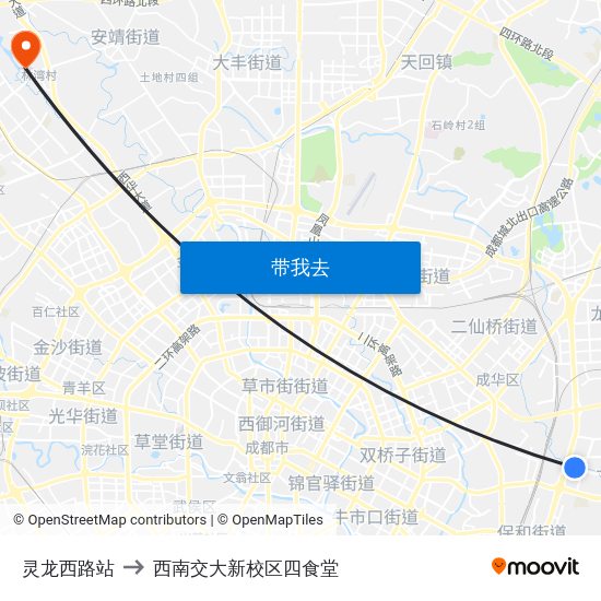 灵龙西路站 to 西南交大新校区四食堂 map