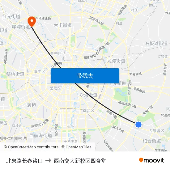 北泉路长春路口 to 西南交大新校区四食堂 map