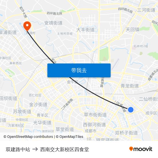 双建路中站 to 西南交大新校区四食堂 map