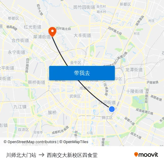 川师北大门站 to 西南交大新校区四食堂 map