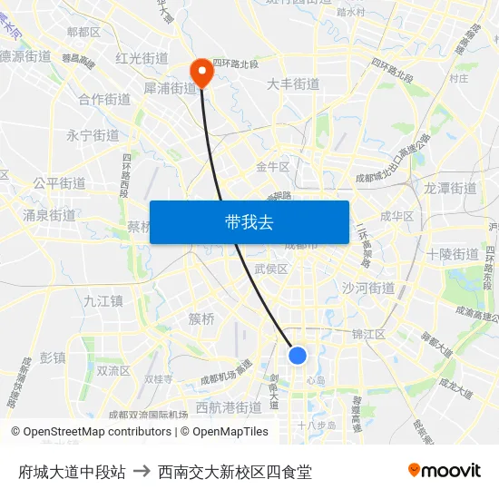 府城大道中段站 to 西南交大新校区四食堂 map
