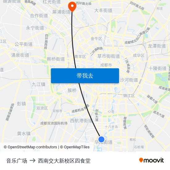 音乐广场 to 西南交大新校区四食堂 map