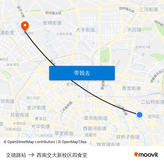 文德路站 to 西南交大新校区四食堂 map