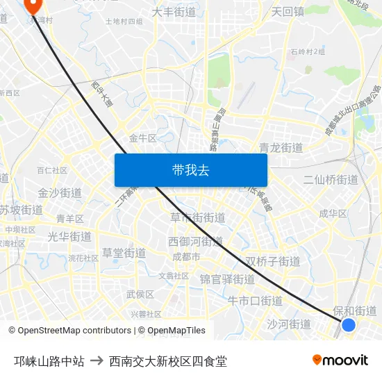 邛崃山路中站 to 西南交大新校区四食堂 map