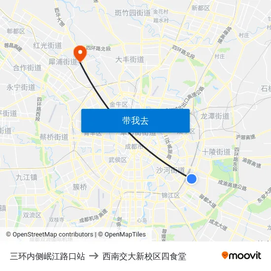 三环内侧岷江路口站 to 西南交大新校区四食堂 map