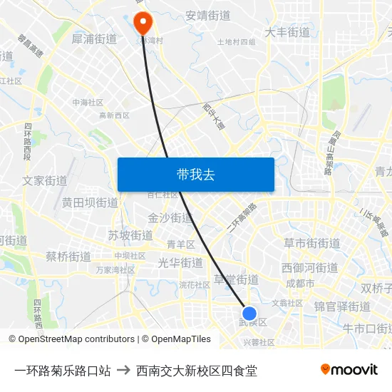 一环路菊乐路口站 to 西南交大新校区四食堂 map