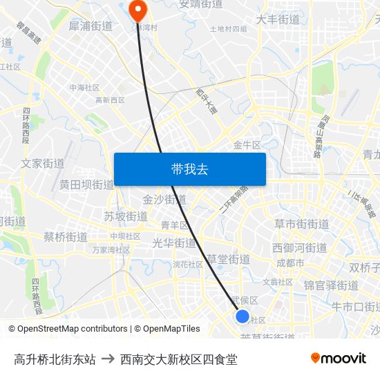 高升桥北街东站 to 西南交大新校区四食堂 map