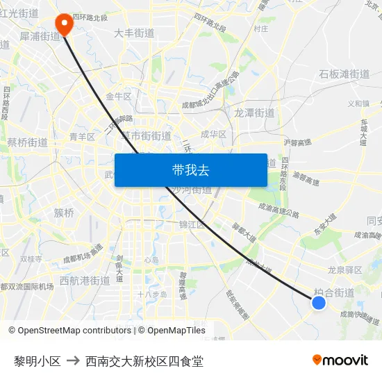 黎明小区 to 西南交大新校区四食堂 map