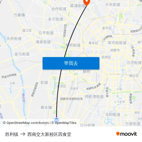 胜利镇 to 西南交大新校区四食堂 map