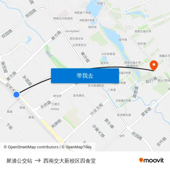犀浦公交站 to 西南交大新校区四食堂 map