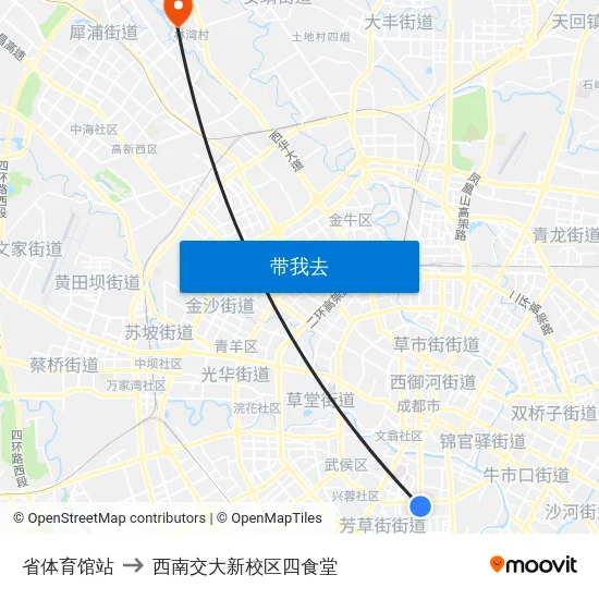 省体育馆站 to 西南交大新校区四食堂 map