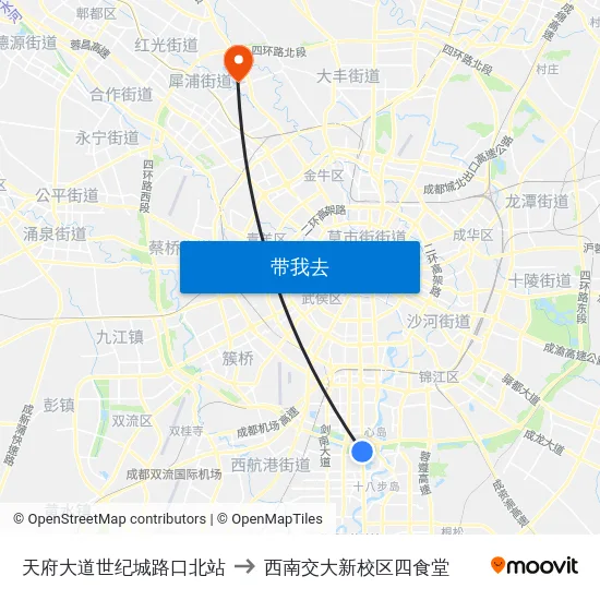天府大道世纪城路口北站 to 西南交大新校区四食堂 map