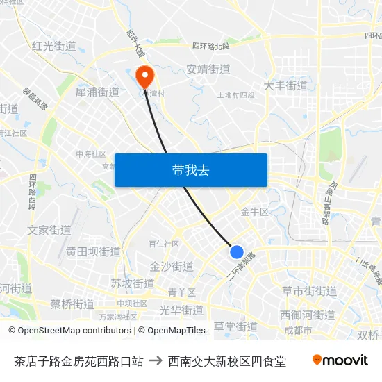 茶店子路金房苑西路口站 to 西南交大新校区四食堂 map