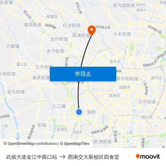 武侯大道金江中路口站 to 西南交大新校区四食堂 map