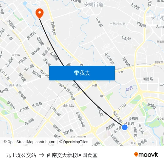 九里堤公交站 to 西南交大新校区四食堂 map
