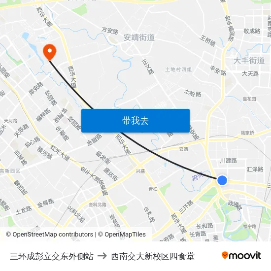 三环成彭立交东外侧站 to 西南交大新校区四食堂 map