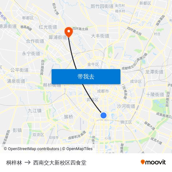 桐梓林 to 西南交大新校区四食堂 map