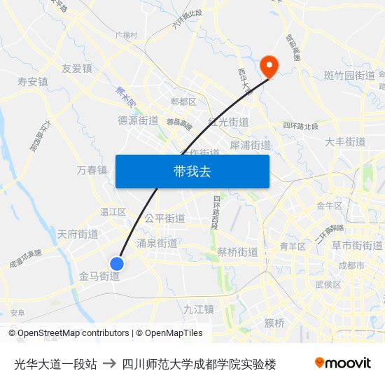 光华大道一段站 to 四川师范大学成都学院实验楼 map