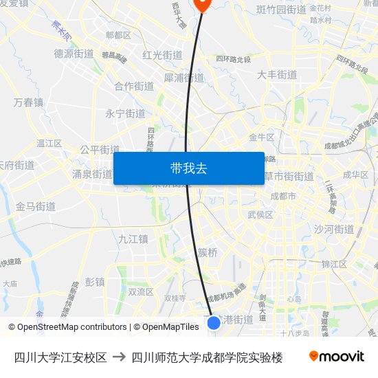 四川大学江安校区 to 四川师范大学成都学院实验楼 map