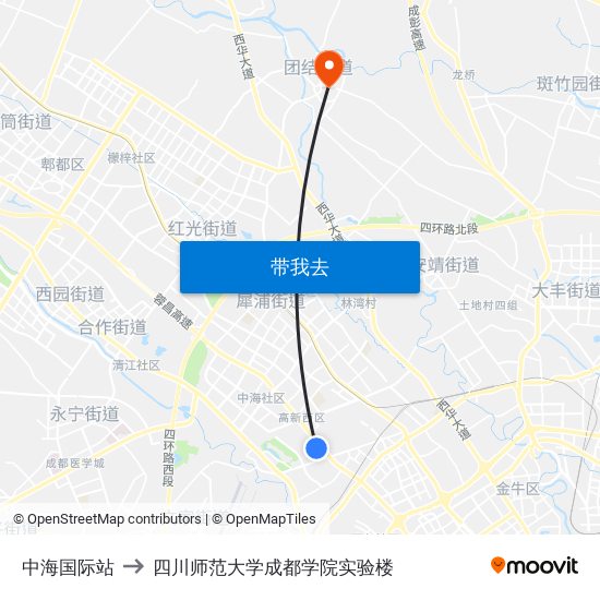 中海国际站 to 四川师范大学成都学院实验楼 map