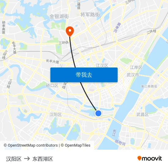 汉阳区 to 东西湖区 map