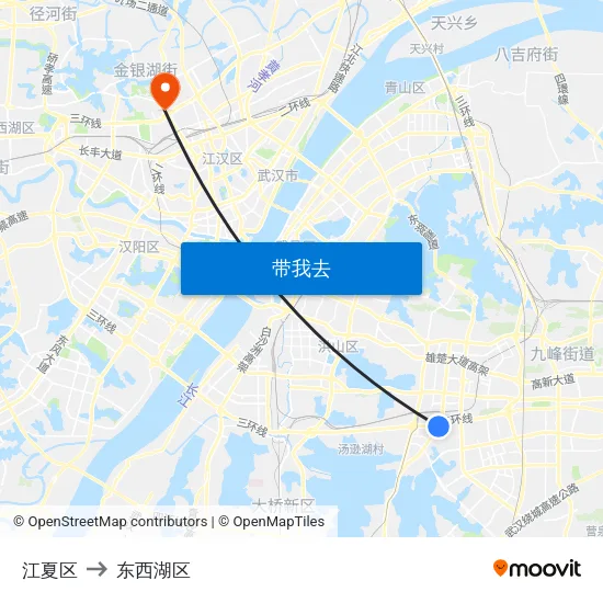 江夏区 to 东西湖区 map