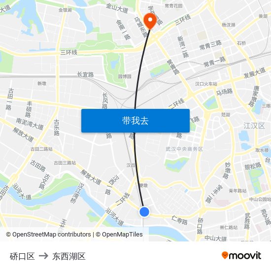 硚口区 to 东西湖区 map