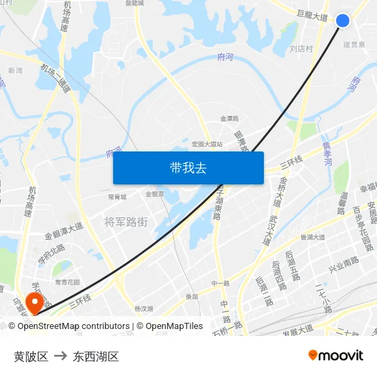 黄陂区 to 东西湖区 map