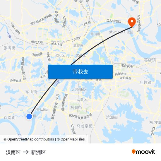 汉南区 to 新洲区 map