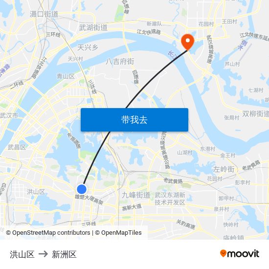 洪山区 to 新洲区 map