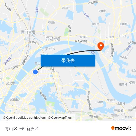 青山区 to 新洲区 map
