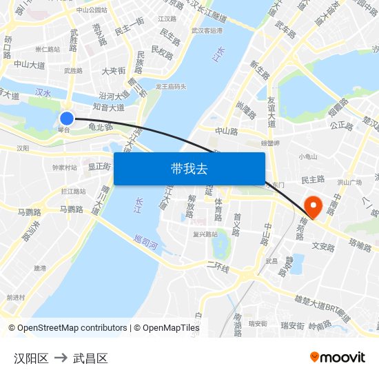 汉阳区 to 武昌区 map