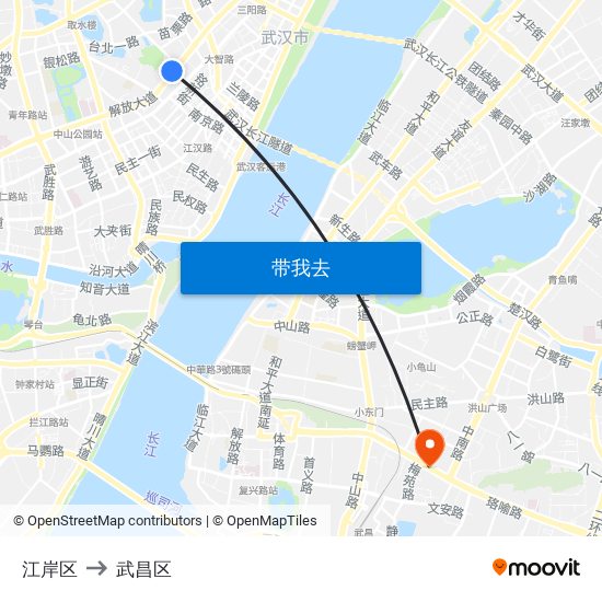 江岸区 to 武昌区 map