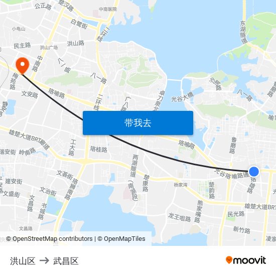 洪山区 to 武昌区 map