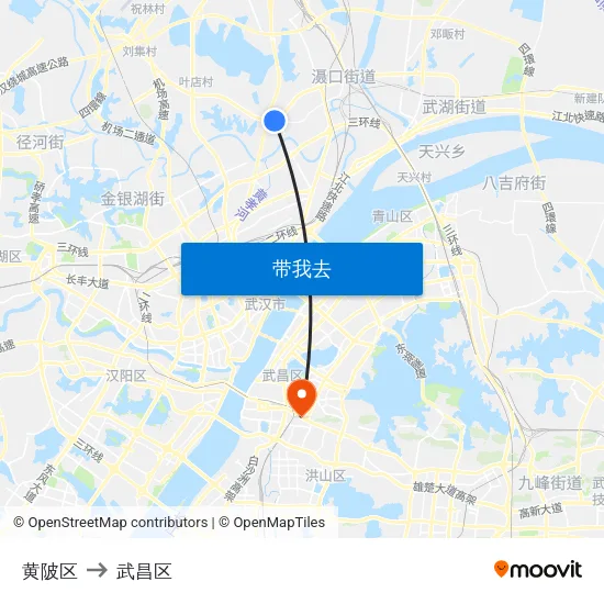 黄陂区 to 武昌区 map