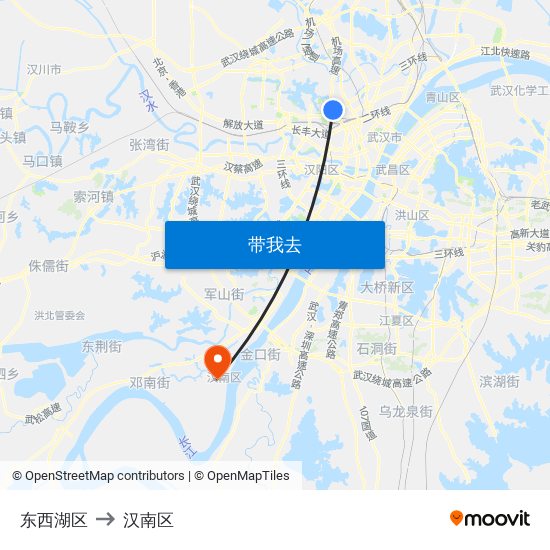 东西湖区 to 汉南区 map