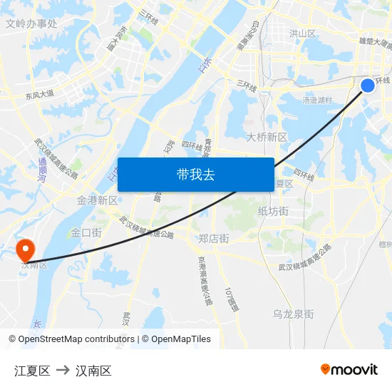 江夏区 to 汉南区 map