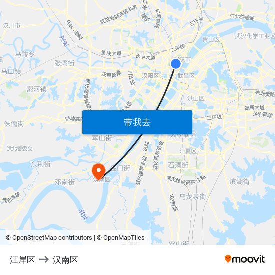 江岸区 to 汉南区 map