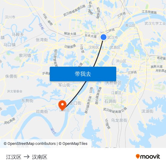 江汉区 to 汉南区 map