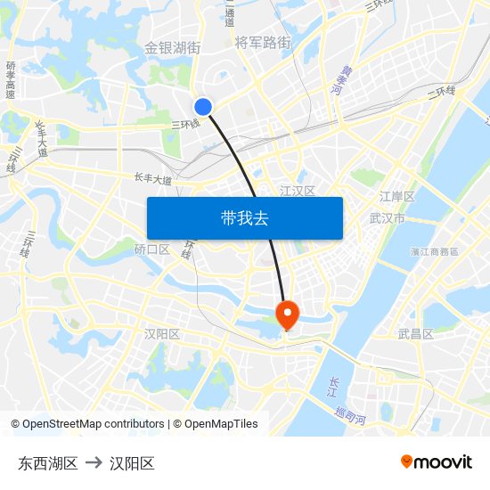 东西湖区 to 汉阳区 map