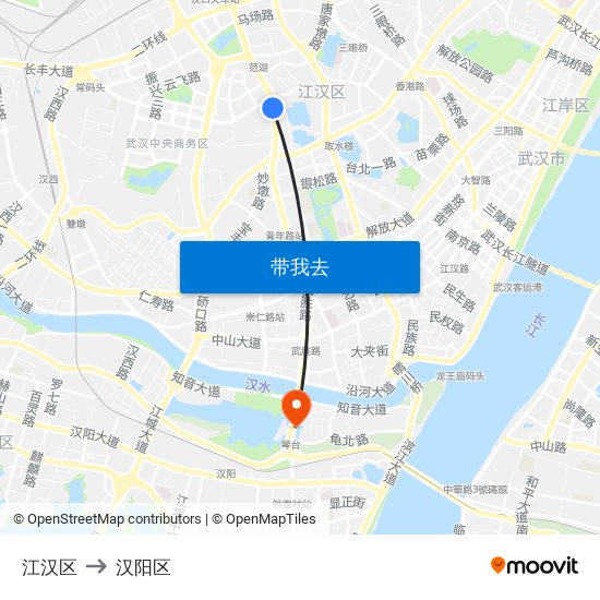 江汉区 to 汉阳区 map