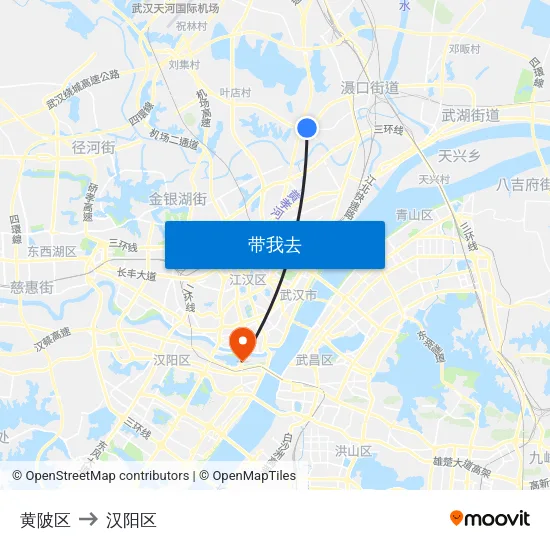 黄陂区 to 汉阳区 map