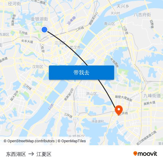 东西湖区 to 江夏区 map