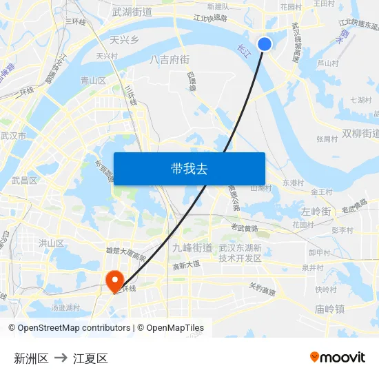 新洲区 to 江夏区 map