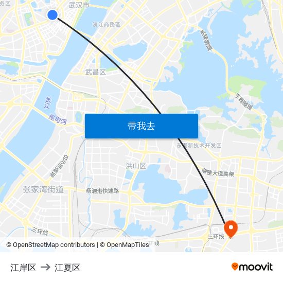 江岸区 to 江夏区 map